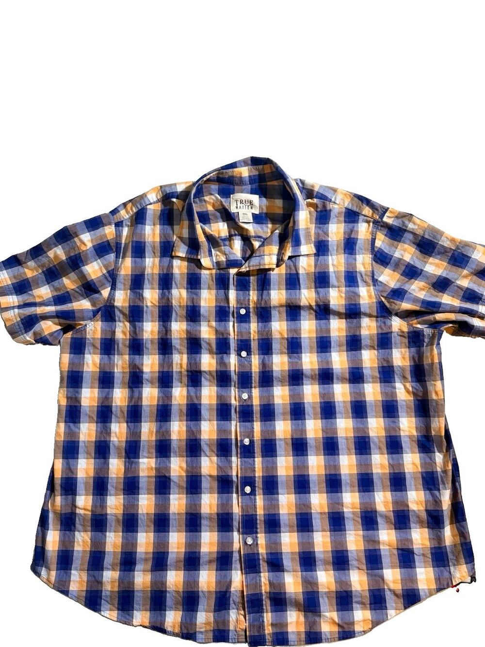True Nation Mens 3XL Plaid Short Sleeve Button-Up Woven Cotton Shirt Blue